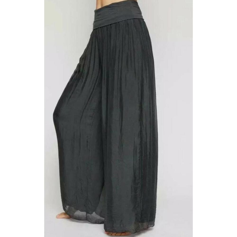 Pronto Moda Italy Elastic Waist Band Wide Leg Silk Beach Pants Blue Fits M/L #2